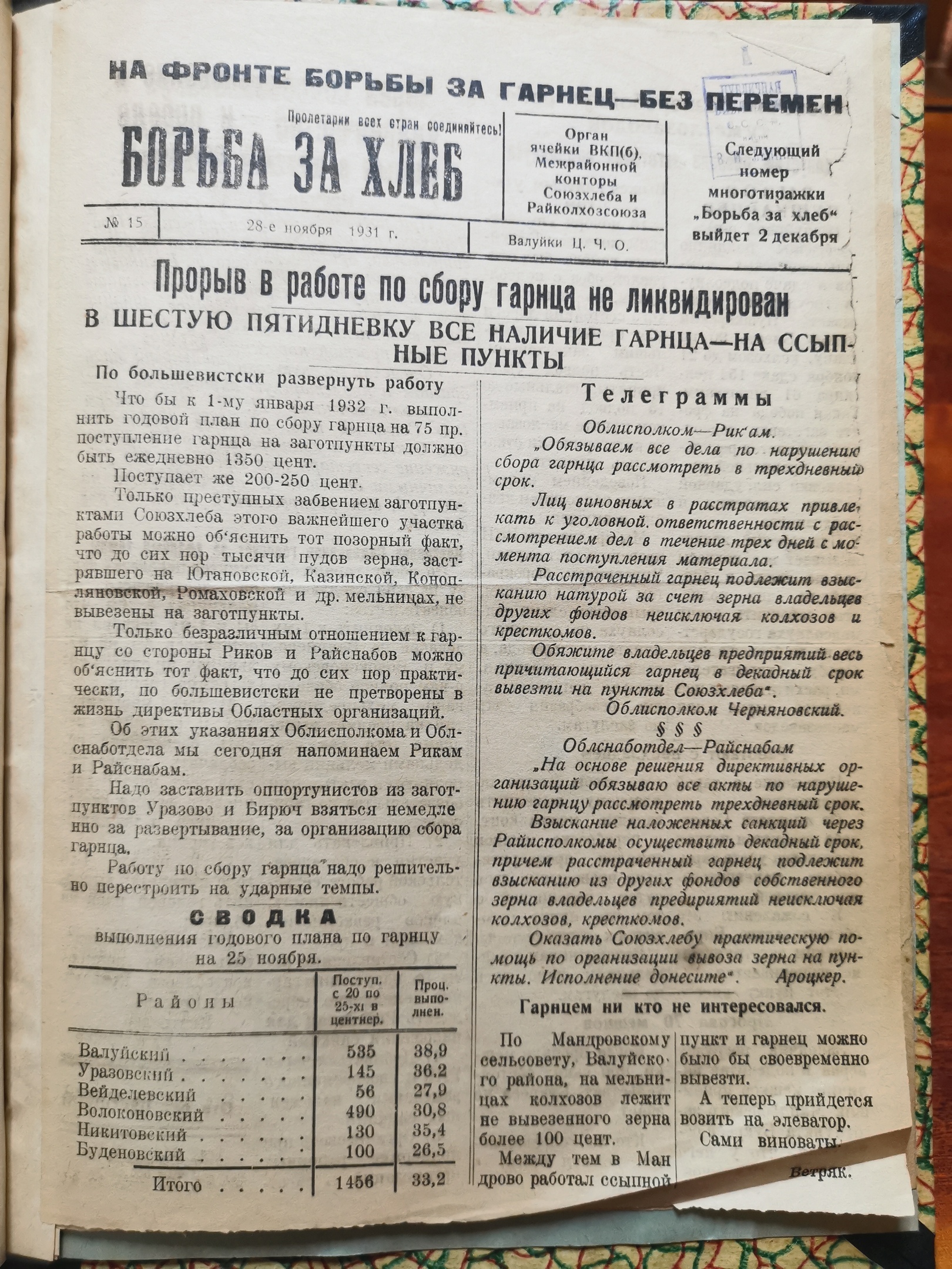 [Борьба за хлеб, 28 ноября 1931]